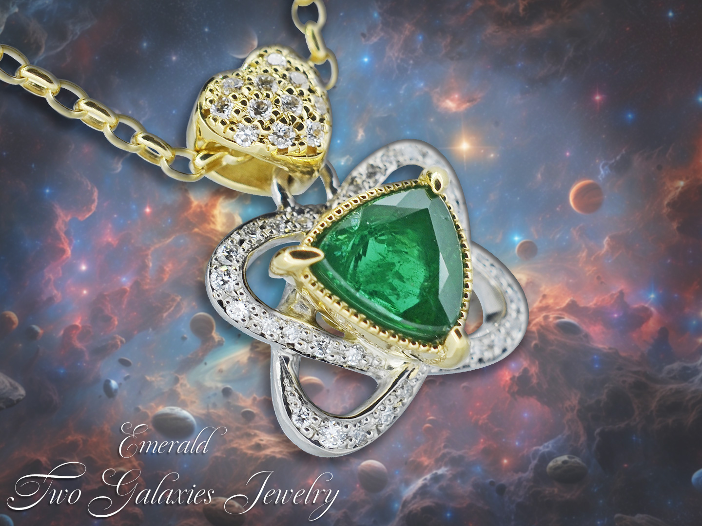 ブラジル産エメラルドトリリアントカット　ギャラクシーダイヤモンドネックレス