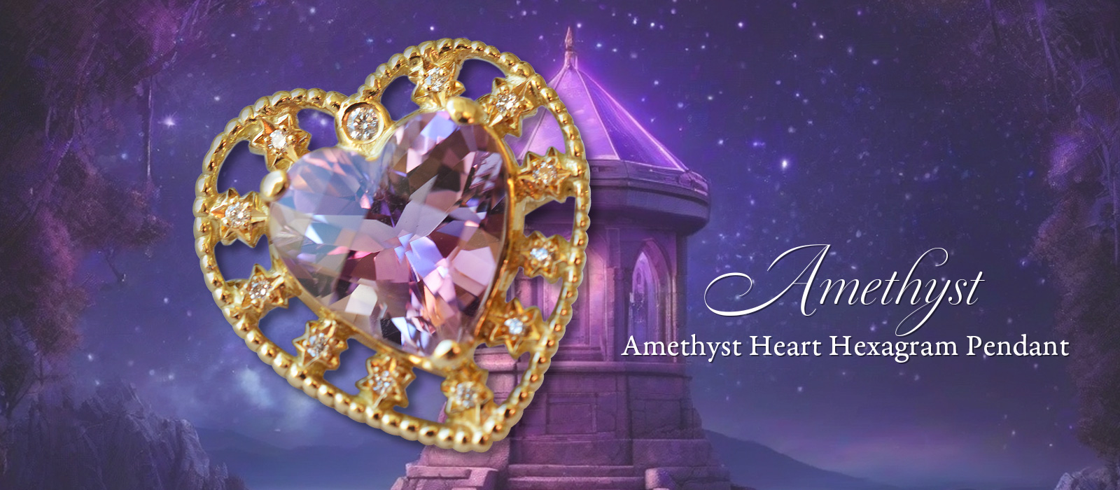 チェッカーボードハートシェイプアメジスト六芒星ペンダントトップ
