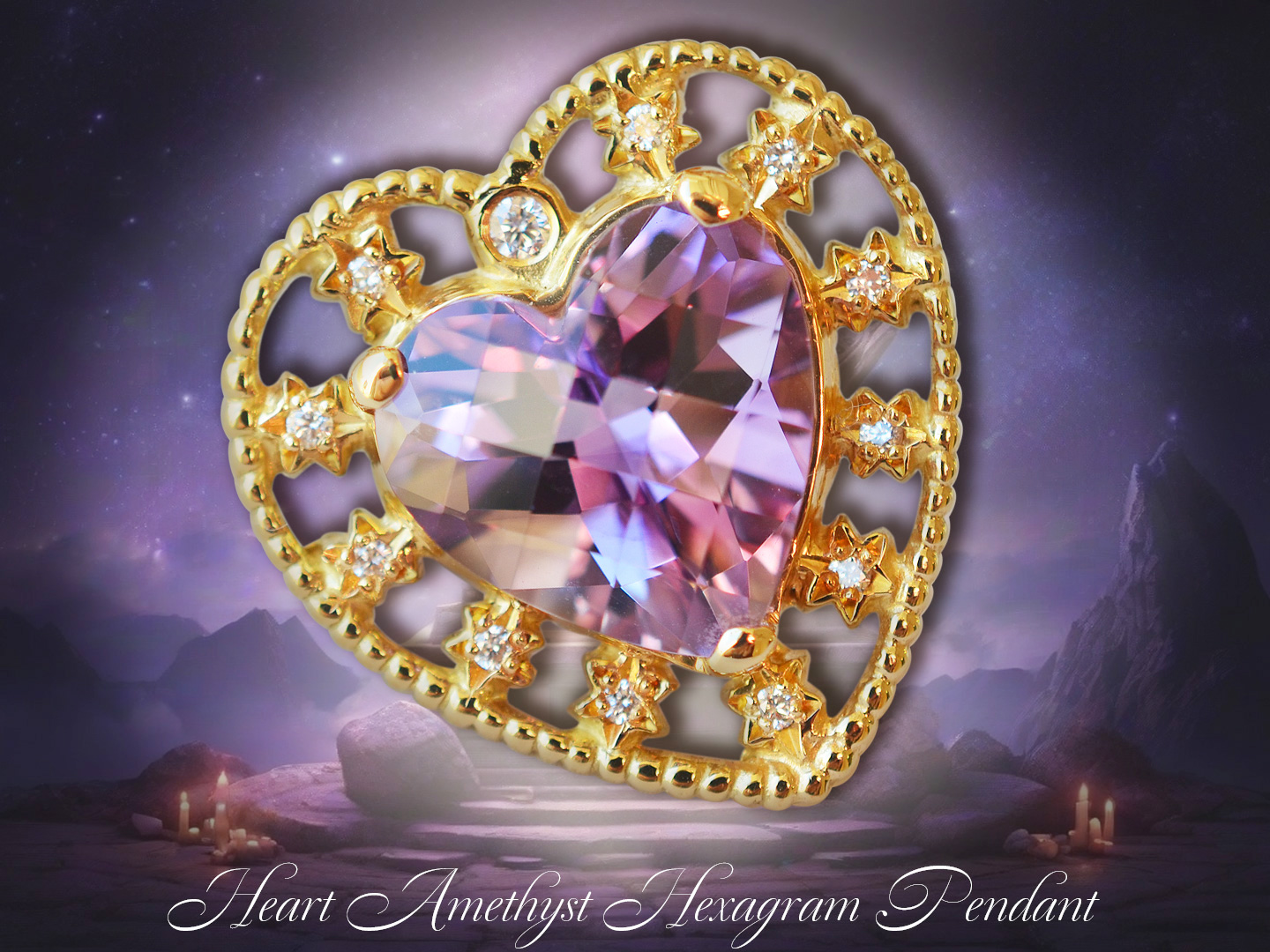 チェッカーボードハートシェイプアメジスト六芒星ペンダントトップ