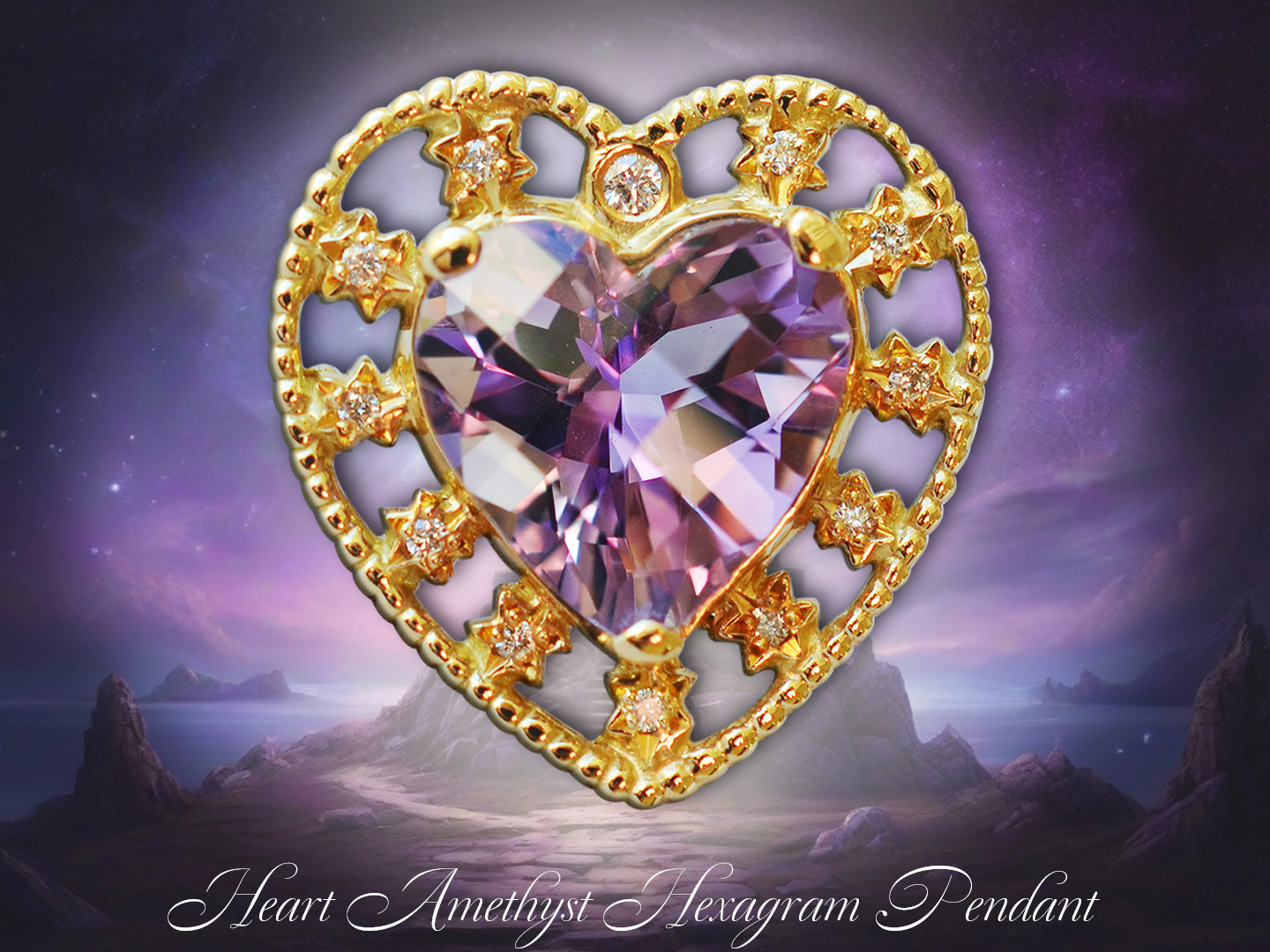 チェッカーボードハートシェイプアメジスト六芒星ペンダントトップ