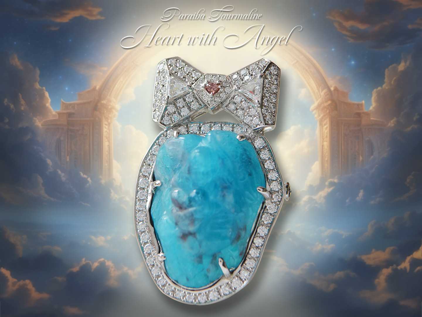 パライバトルマリンエンジェルカービング　ダイヤモンドプラチナネックレス