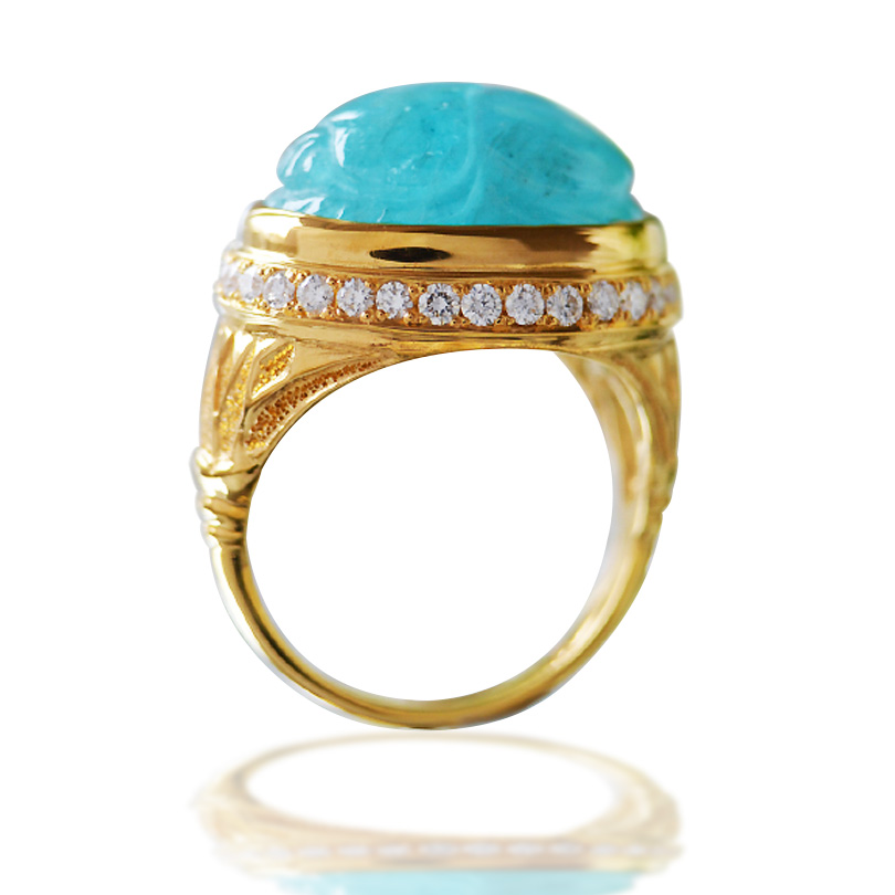 パライバトルマリンスカラベカービングK18ロータスダイヤモンドリング