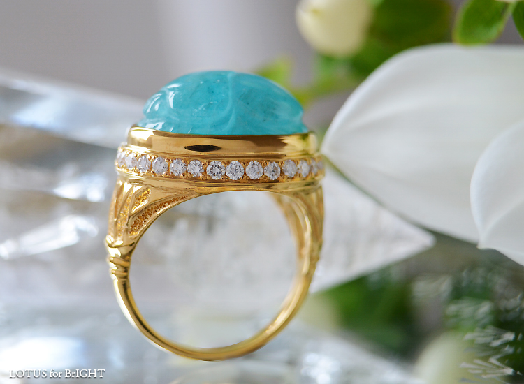 パライバトルマリンスカラベカービングK18ロータスダイヤモンドリング