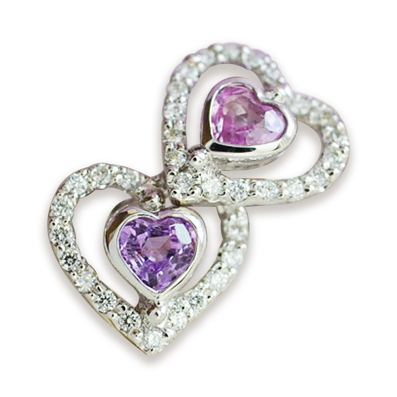 パープルピンクサファイア　ダイヤモンドハートピアスプ