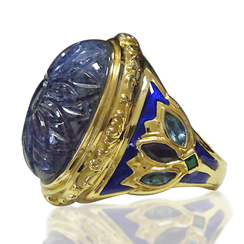 カービングサファイア　七宝ロータスリング