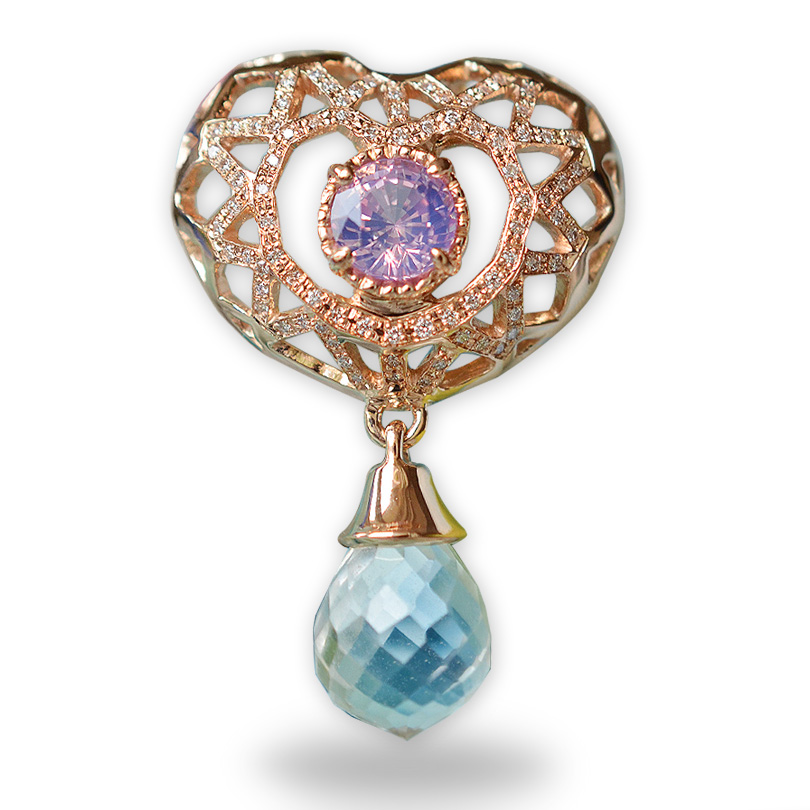 シルキーピンクスピネルとブリオレットカット水晶　K18ピンクゴールドハートジュエリー