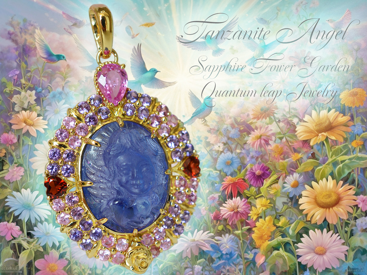 タンザナイトハートエンジェル　非加熱サファイアフラワーペンダント