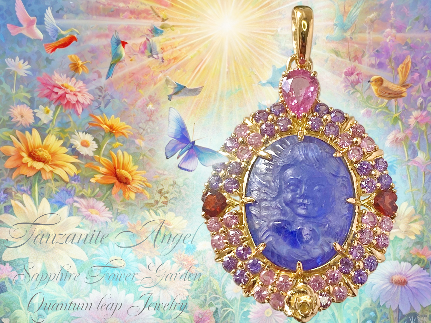 タンザナイトハートエンジェル　非加熱サファイアフラワーペンダント