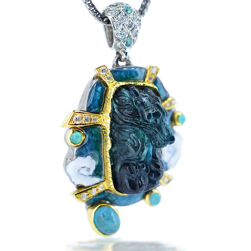 K18ホワイトゴールド十和田湖青龍パライバトルマリン七宝ペンダント