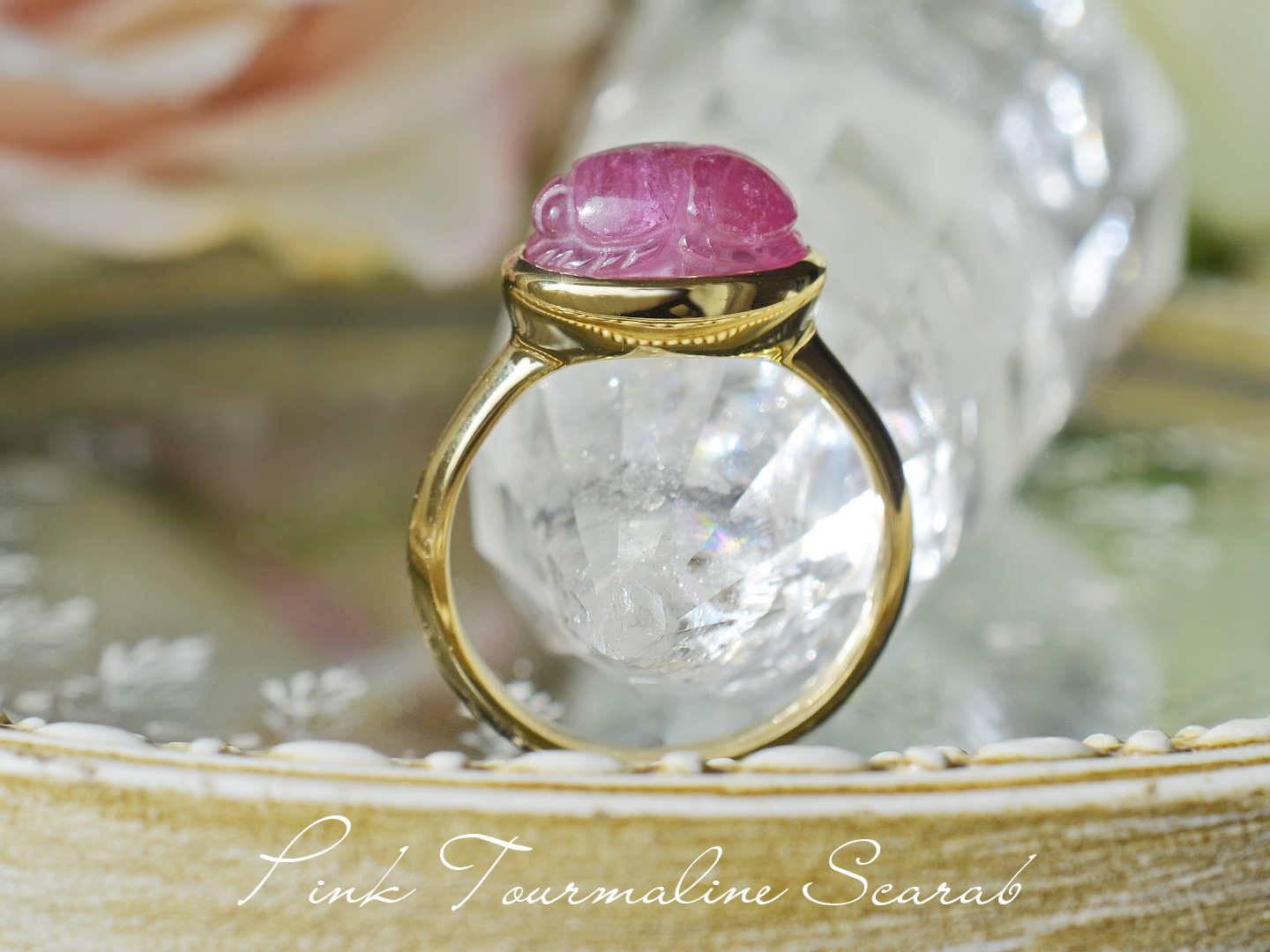 ピンクトルマリンスカラベカービングシンプルリング