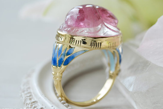 ピンクトルマリンスカラベ七宝ブルーロータスK18リング
