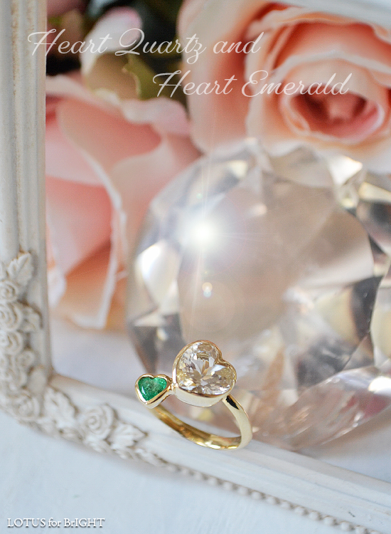乙女鉱山水晶ハートシェイプとエメラルドK18ゴールドリング