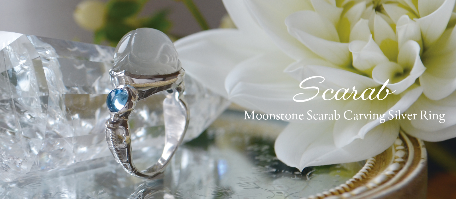 ムーンストーンスカラベカービングエジプシャンコブラシルバーリング