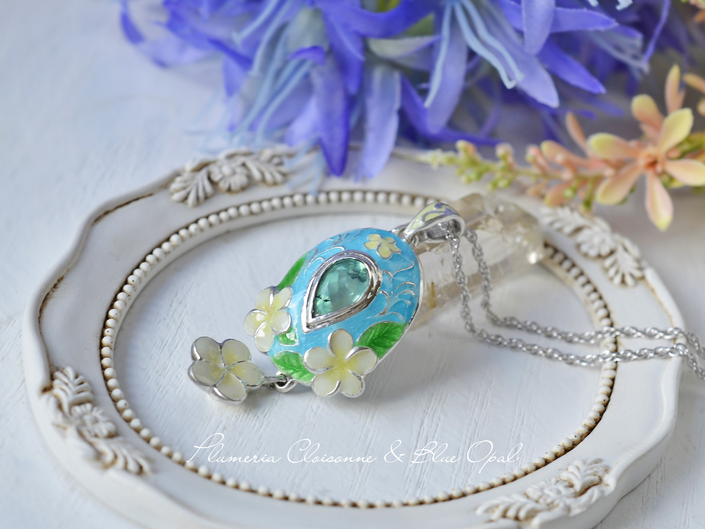 ペルー産ブルーオパールプルメリア七宝ネックレス