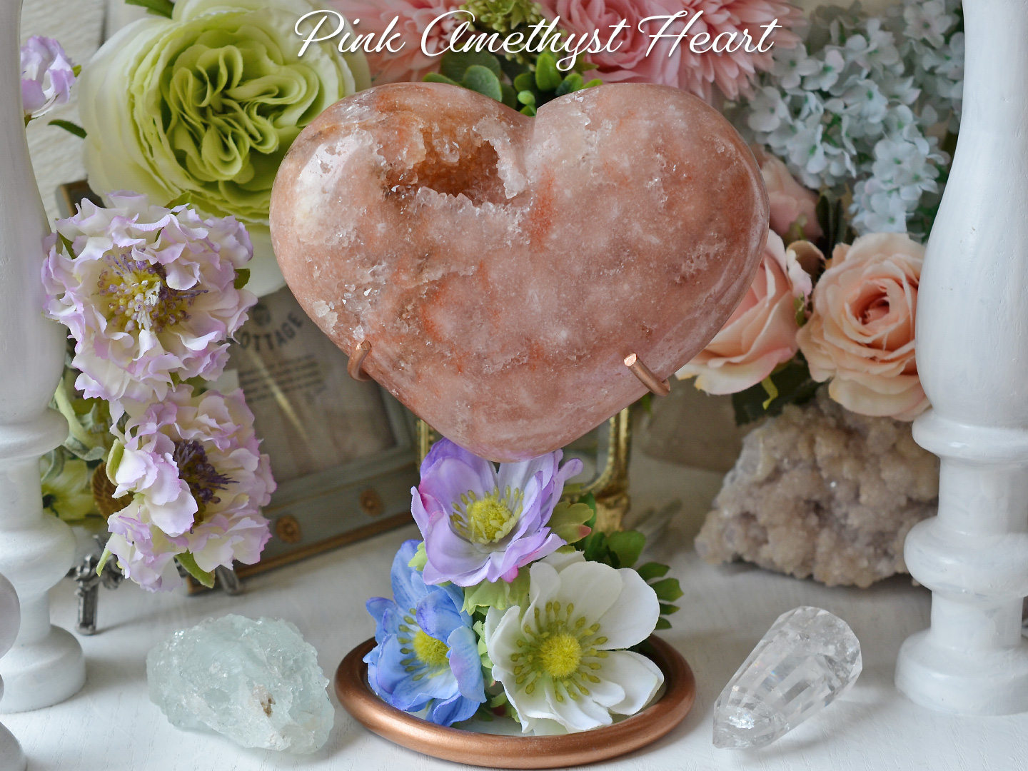 ピンクアメジストハートポリッシュスタンド付き